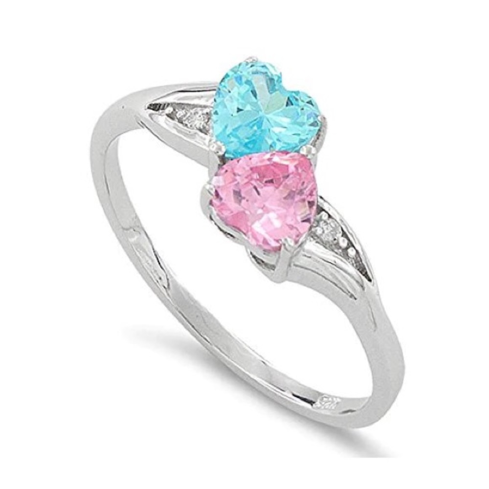 Sterling Silver Blue & Pink Cz Double Heart Ring